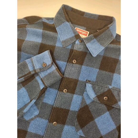 Wrangler Overshirt Men's L Blue Long Sleeve Button Fleece Buffalo Plaid Workwear - Picture 1 of 6